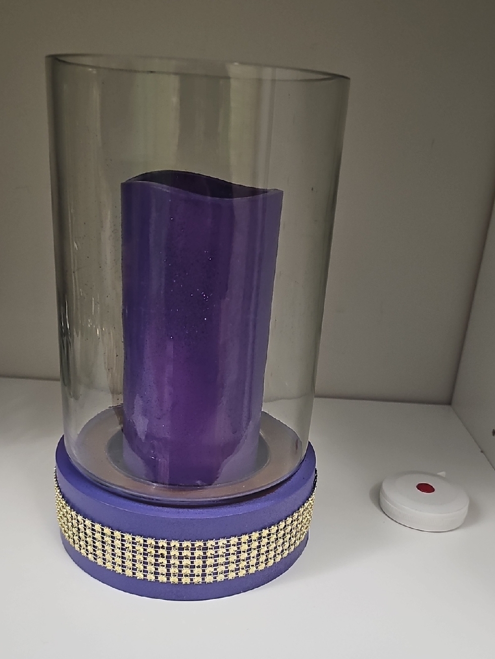 Purple Decorative Glass Hurricane Candle Holder w Embellished Base 8.5"H X26"D